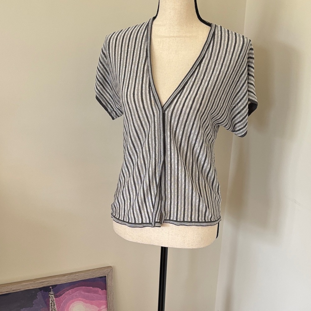Anne Klein Silver, Gray and White Striped V-Neck Top